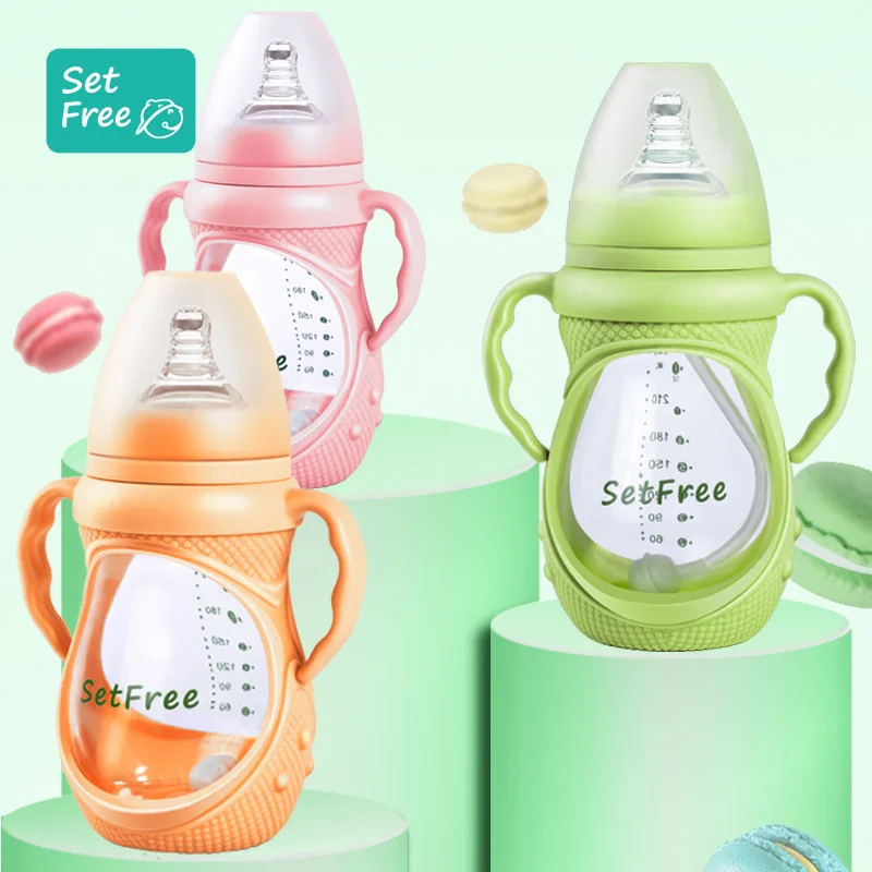 

Silica Gel Glass Newborns Shatter-resistant Explosion-Proof Feeding Bottle Cover Wide Aperture against Flatulence Handle Infant