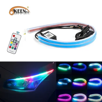

OKEEN 2x Waterproof Flexible Car LED DRL RGB Daytime Running Light Multi Color LED Strip Flowing Turn Signal Light For Headlight