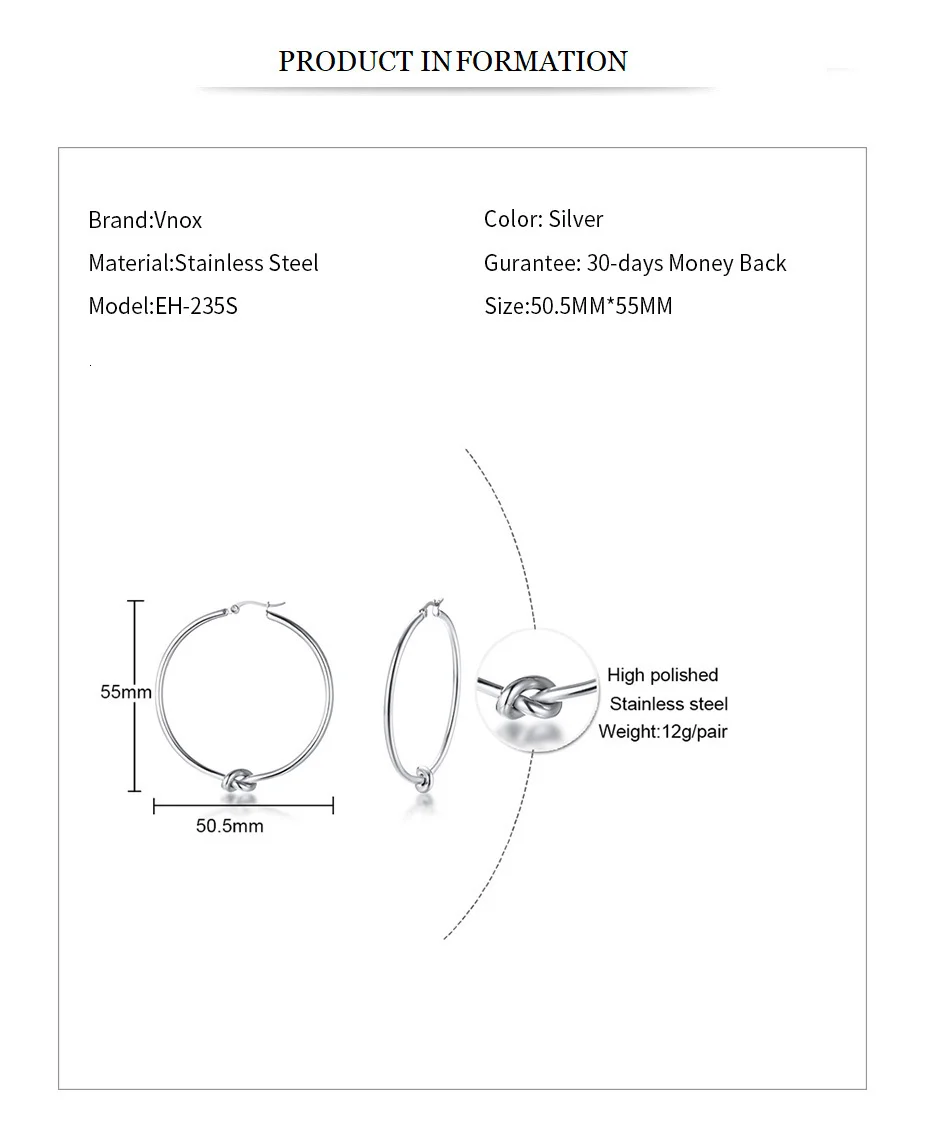 Vnox, трендовые дизайнерские серьги-кольца для женщин, серебряный цвет, нержавеющая сталь, большие серьги для девушек, женские вечерние ювелирные изделия
