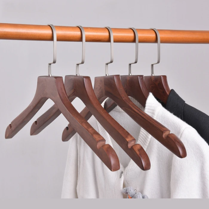 5 Pcs Wooden Hanger Anti-slip Bar Thick Chrome Hooks Extra Strong for Hotel Coat Suit E2S