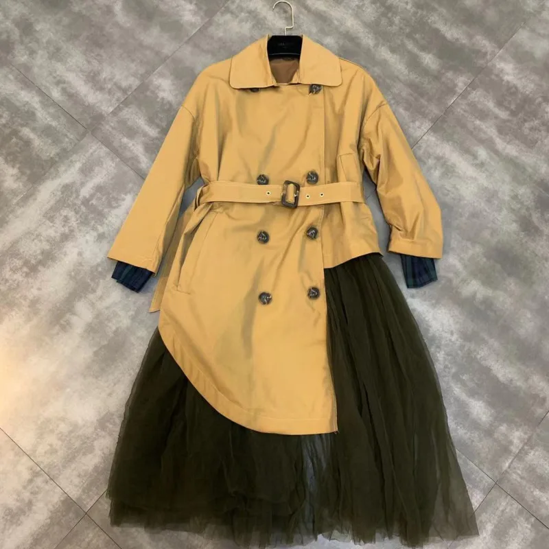 

DEAT 2019 Autumn Winter Double Breasted Button Khaki Black Mesh Patchwork Slim Long Windbreaker Women Overcoat MG608