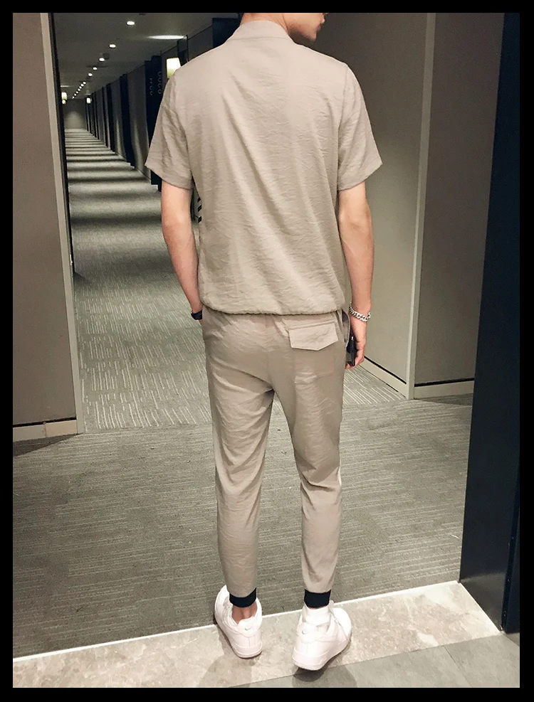 Zomer Chinese Stijl Effen Kleur Erkek Giyim Mode уличная одежда Ropa De Hombre комплект Mannen футболка+ Broek комплект из 2 предметов heren Kleding
