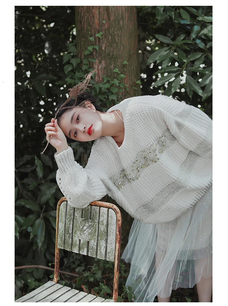 Fall2019Women осень Повседневное Ультра свободные Modis ленивый Стиль больших размеров с блестящим серебряным корпусом, ручная работа, пуловер, украшенный бисером Короткие трикотажные свитера
