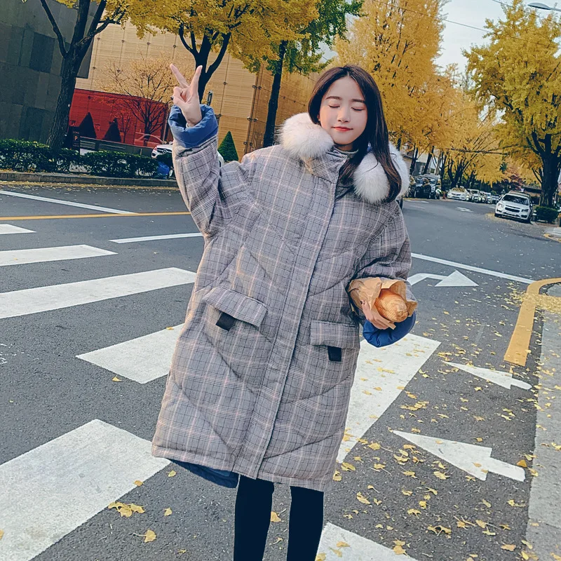 

Large Fur Collar Plaid Cotton Coat Women's 2019 New Style Korean-style Mid-length Loose-Fit BF Students Cotton-padded Jacket Thi