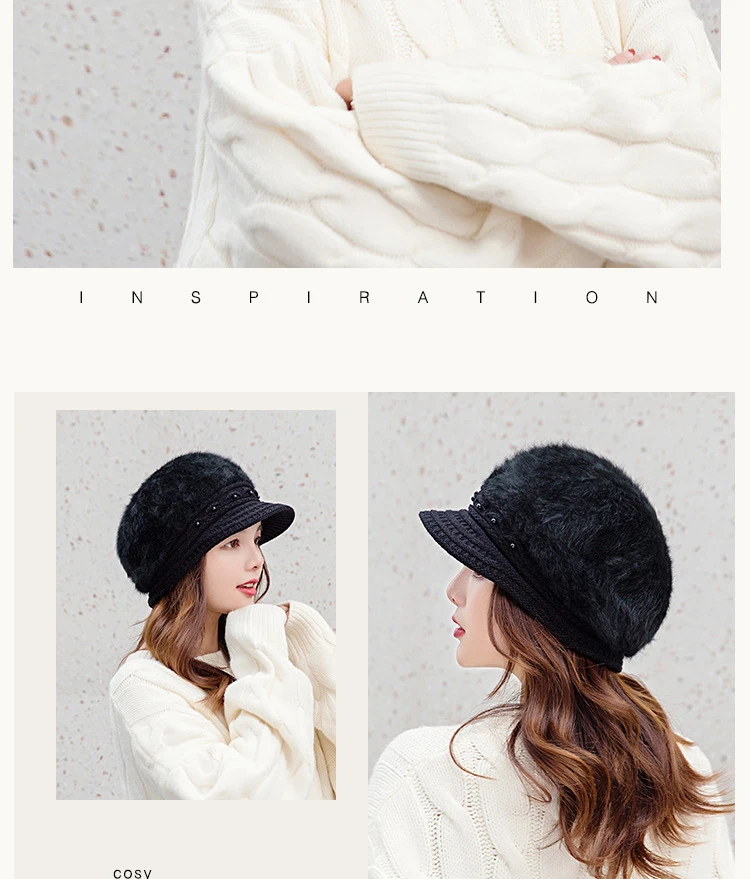 USPOP winter hats women berets female rabbit hair pearl hat thick warm knitted hats knitted visor cap