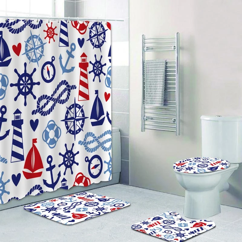 Nautical Navy Blue Anchor Wheel Rope Lighthouse Shower Curtain Set For Kid Sea Marine Bathroom Curtain Bath Rugs Mats Home Decor Shower Curtains Aliexpress