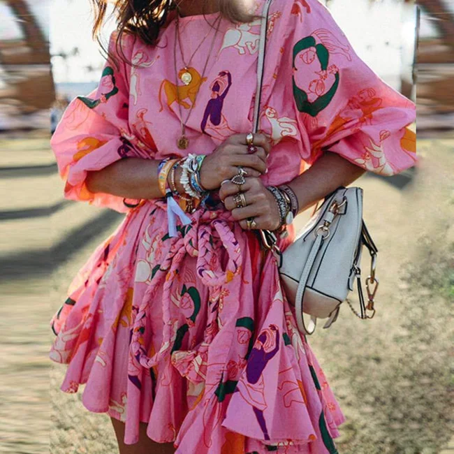 Lipswag осеннее летнее повседневное свободное ТРАПЕЦИЕВИДНОЕ ПЛАТЬЕ С О-образным вырезом с длинным рукавом с принтом и рюшами Мини платье модное Короткое женское платье с поясом - Цвет: Pink