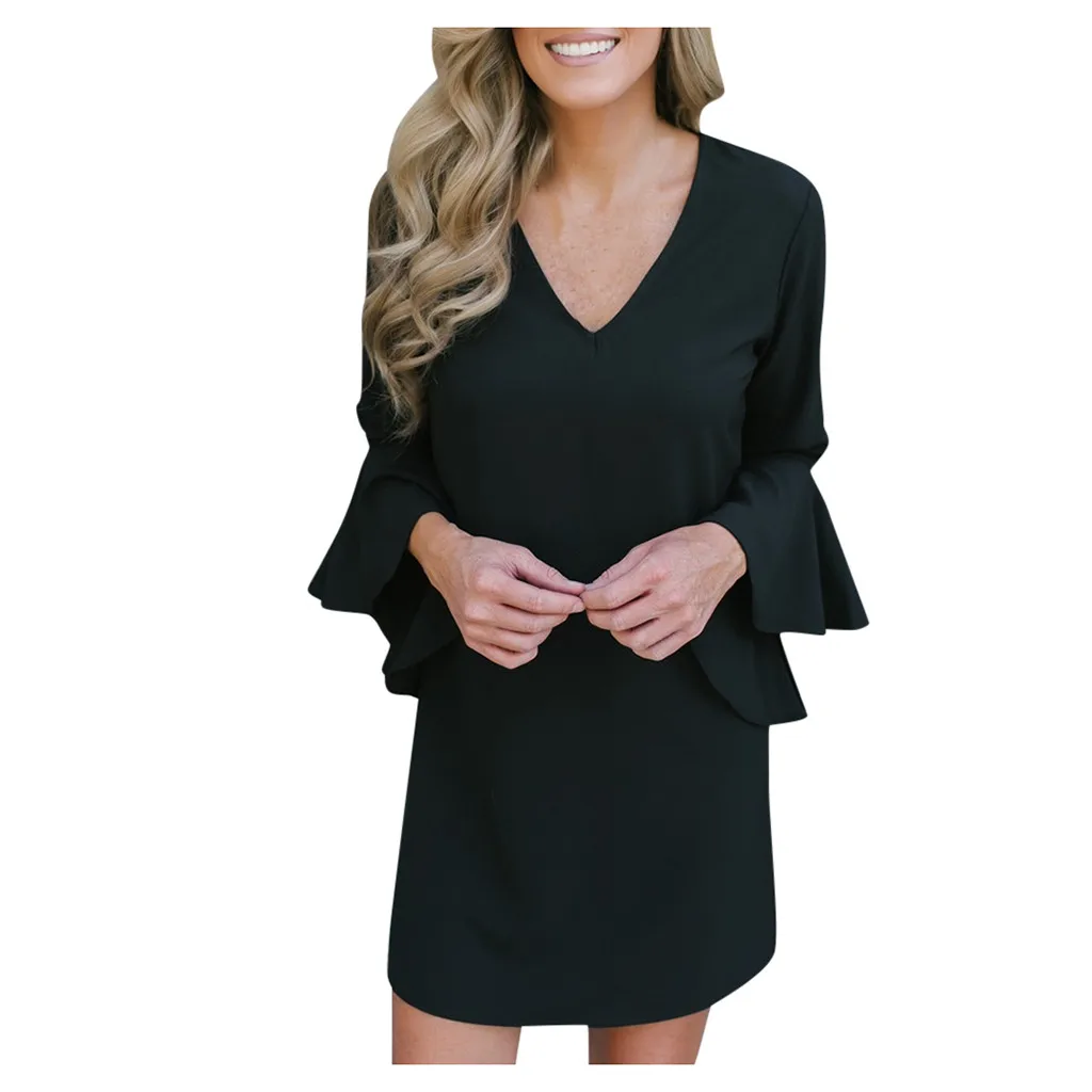 JAYCOSIN Women Polyester Dress Three Quarter Sleeve Female Mini Vestidos Casual Dress New Ladies Sexy V-Neck Party Dresses - Цвет: Black