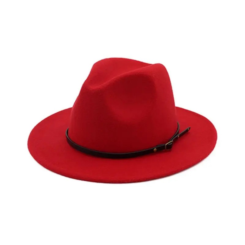 Красный Classic Flat Wide Brim Hat Womens Faux Felt Floppy Fedora Jazz Cap with Buckle Belt - Цвет: Красный