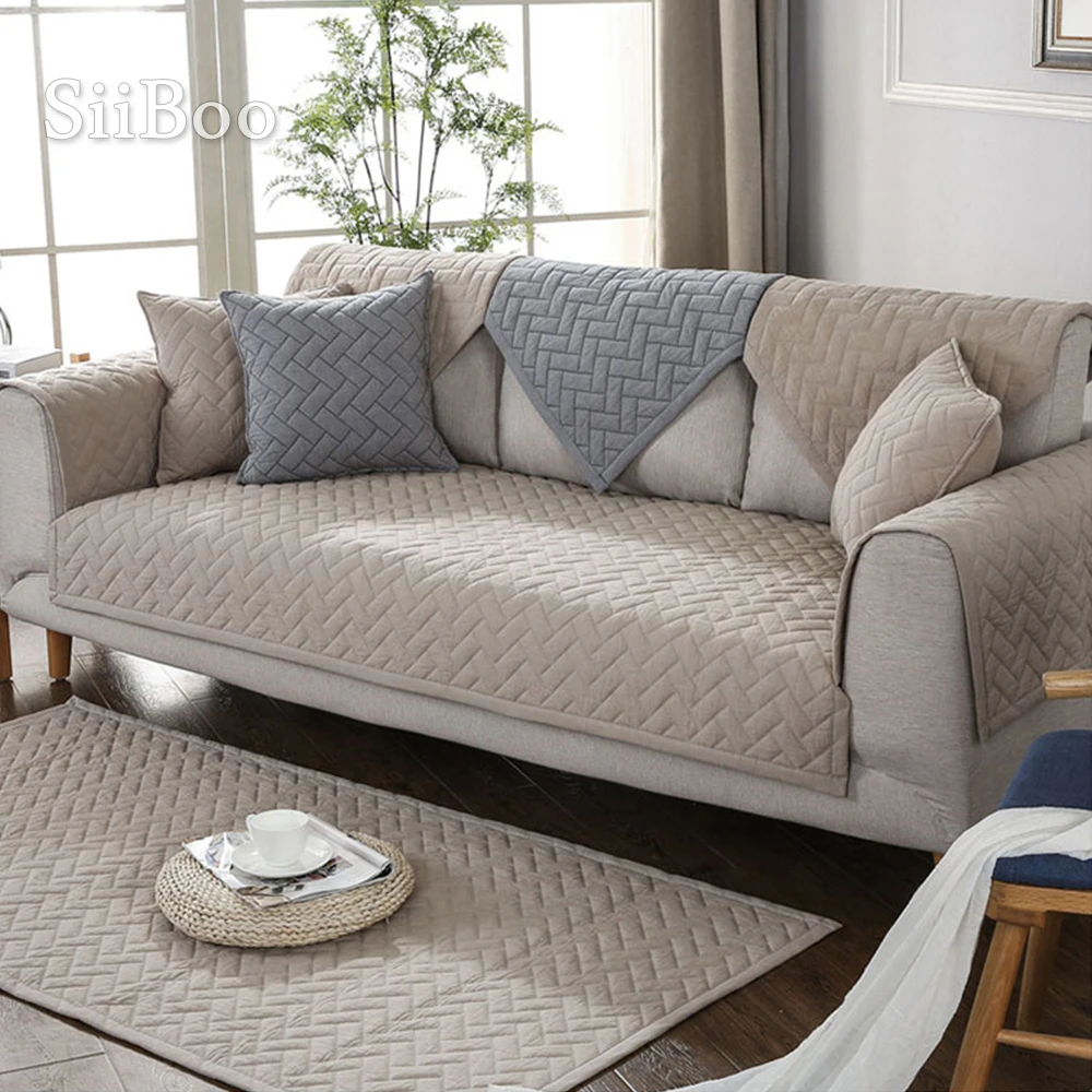 Modern Style Blue Grey Khaki Quilted Sofa Slipcovers Cotton Sectional Sofa Cover Fundas De Sofa