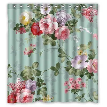 

Mint Green Floral Beautiful Colorful Flower Shower Curtain Waterproof Bathroom Decor Polyester Fabric Curtain Sets with Hooks