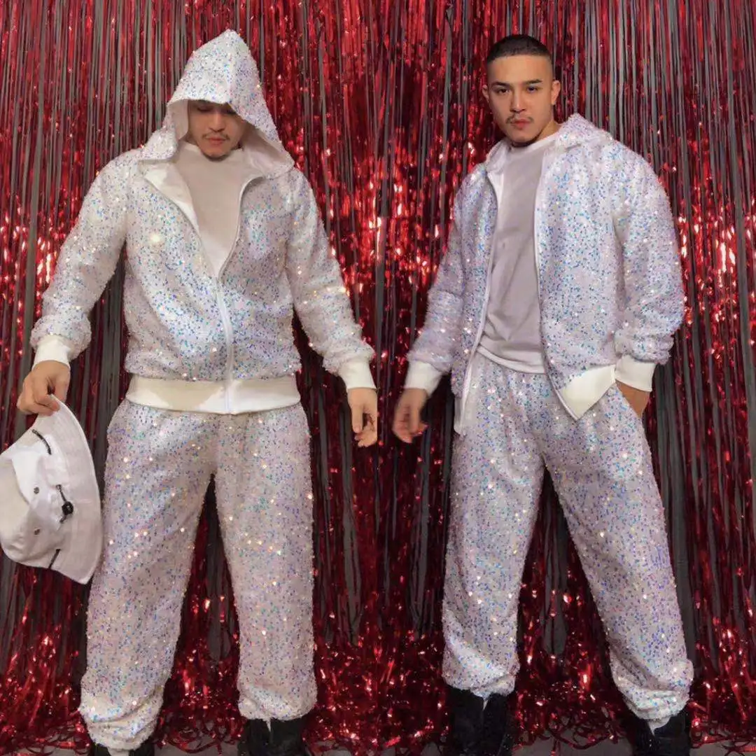 Костюм для танцев в стиле хип-хоп белые блестки куртка на молнии штаны комплект