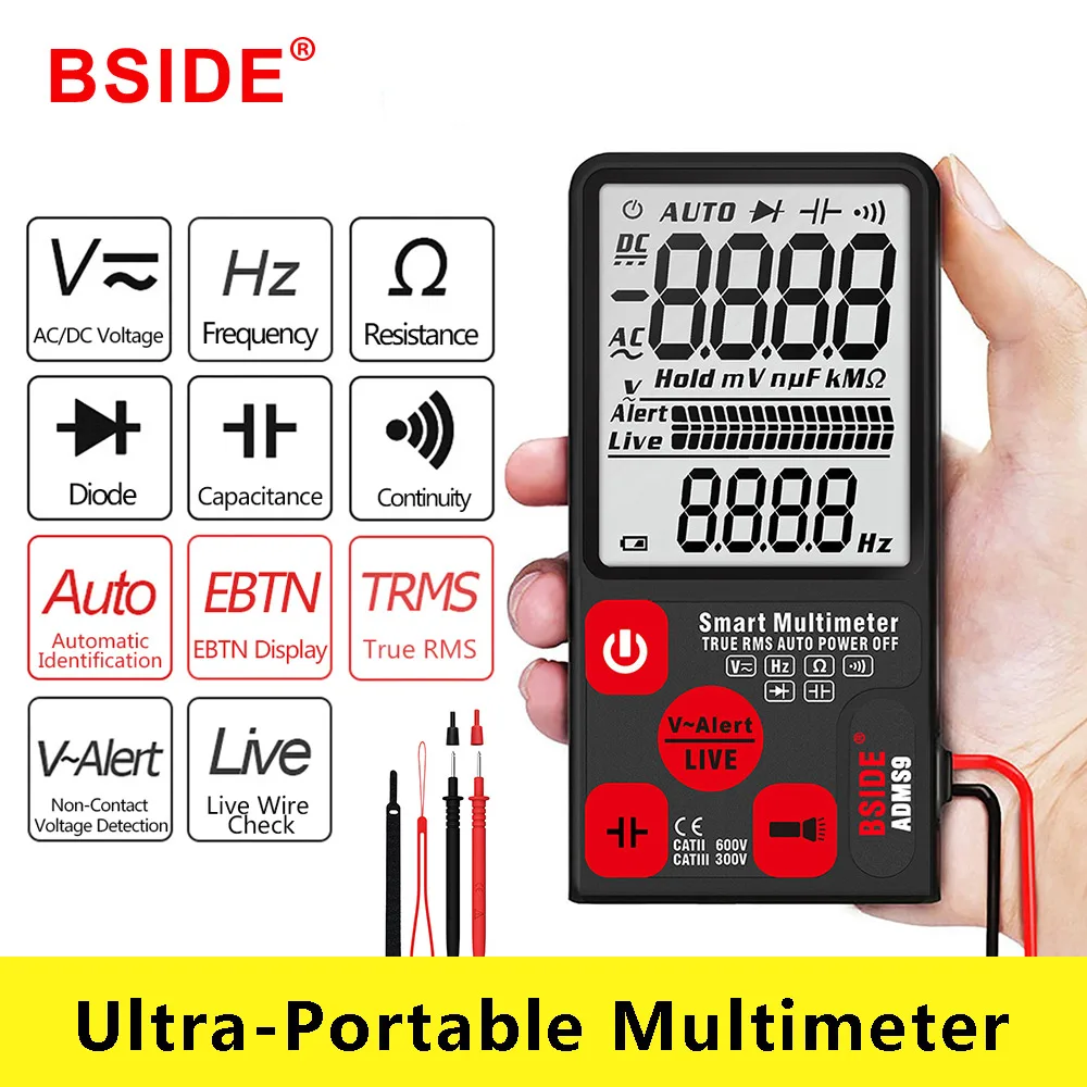 

3.5" Large Screen Ultra-Portable Digital Multimeter ADMS9CL 9999 counts Auto Ranging AC/DC Voltage Voltmeter NCV Ohm Hz Tester