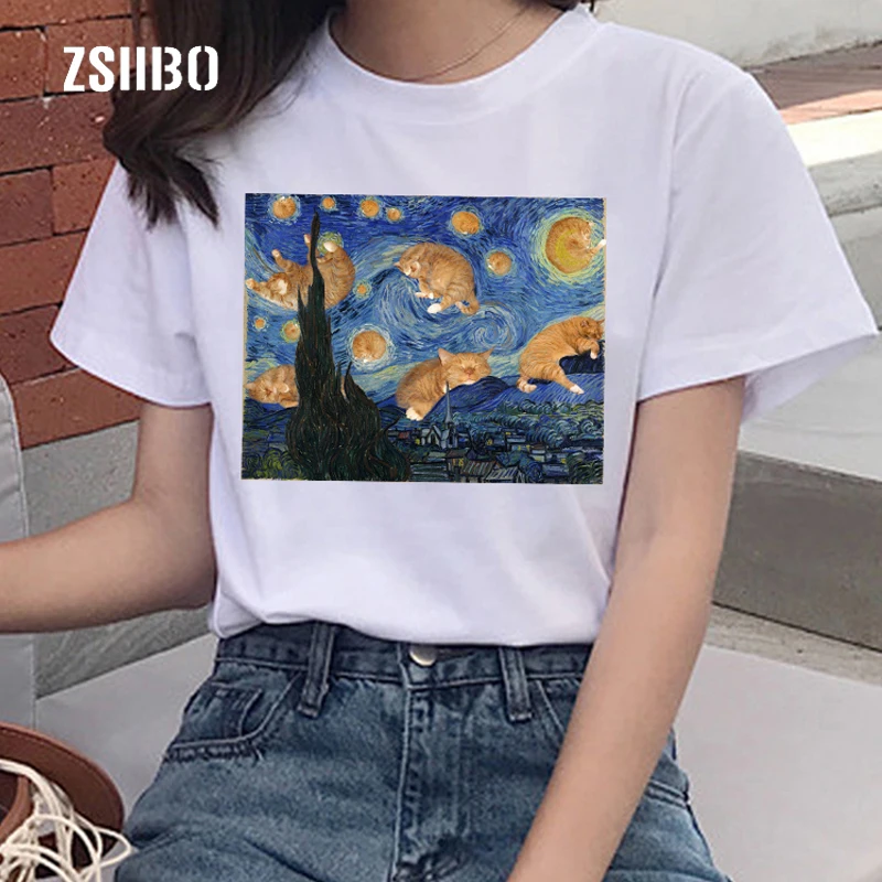 

Fat cat art Van Gogh print Michelangelo large size casual cartoon tops tees short sleeve female Vintage new fun Harajuku T-shirt