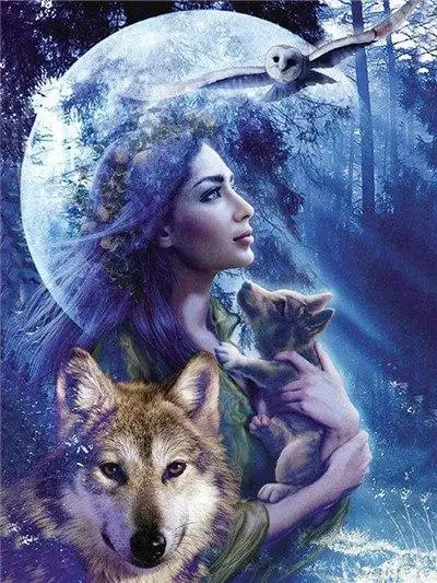 

NatureQ 5D DIY Diamond Painting Wolf and Girl Cross stitch Diamond Embroidery Round drill birthday present Home Decoration