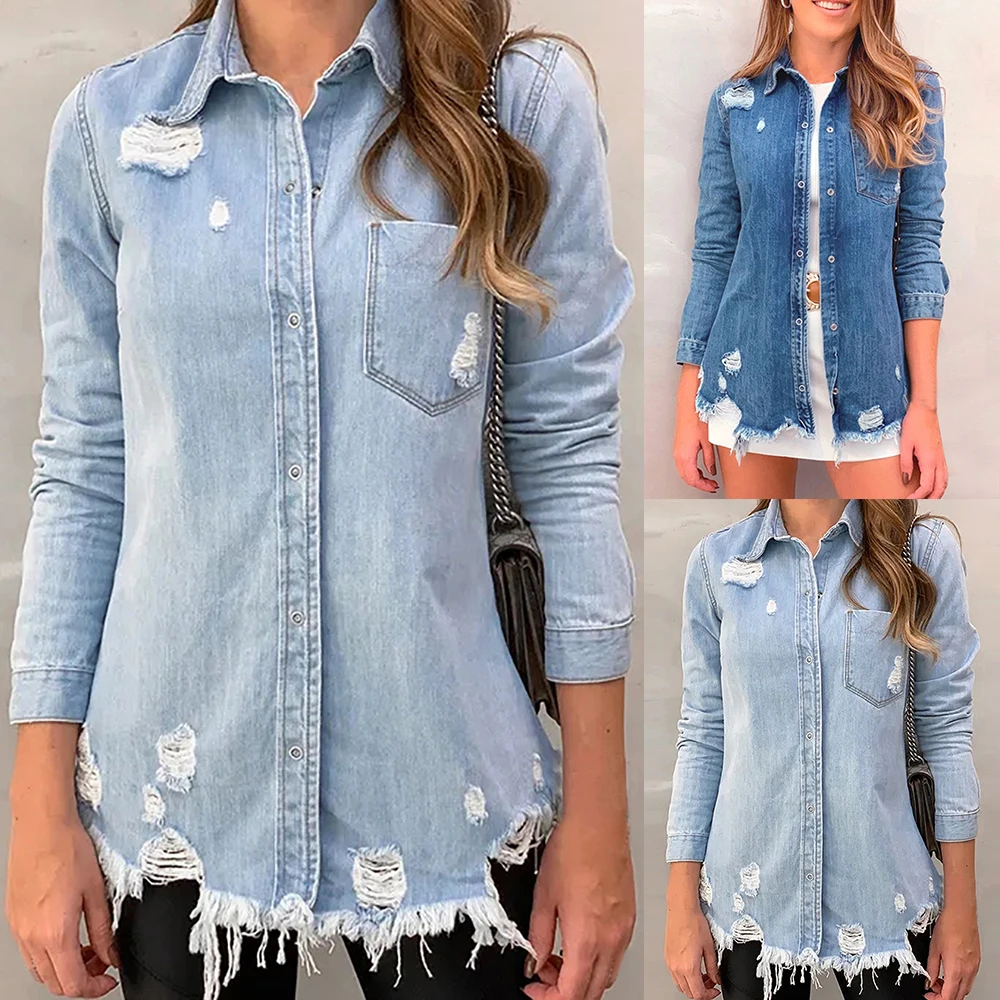 Рваные джинсовые рубашки женская одежда Blusas Mujer De Moda Красивая Повседневная Осенняя Тонкая блузка женская джинсовая рубашка с отложным воротником