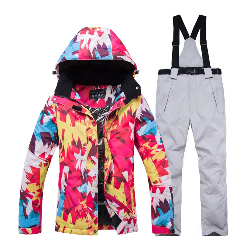 30 красочных женских зимних костюмов, зимних уличных спортивных сноубординга, водонепроницаемые ветрозащитные лыжные куртки+ нагрудники штаны для сноуборда