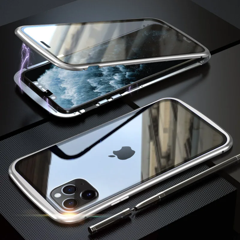 Магнитный чехол с металлической рамкой для iPhone 11 Pro Max, двойное закаленное стекло, ударопрочный чехол для iPhone 11 Pro X XR XS Max Coque