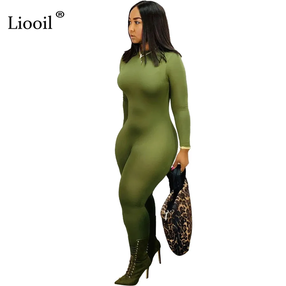 Liooil, черный сексуальный эластичный цельный Облегающий комбинезон, женская одежда, облегающие вечерние комбинезоны с длинным рукавом и круглым вырезом, женский комбинезон s