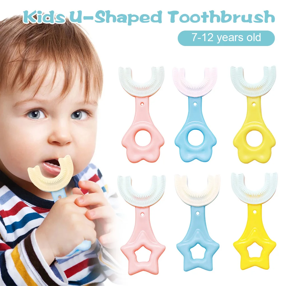 

Universal Kids Toothbrush U-Shape 360° Infant Toothbrush With Handle Silicone Oral Care Cleaning Brush For Toddlers 7-12