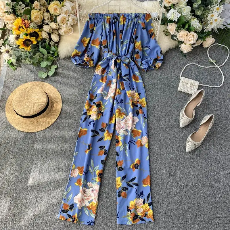 

Foamlina Boho Beach Long Jumpsuit Sexy Slash Neck Off Shoulder Half Sleeve Sash Bowtie Long Romper Woman 2019 Holidays Jumpsuit
