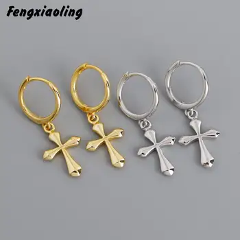 

Fengxiaoling 2020 New Fashion Light Luxury Golden Earring Jewelry 100% 925 Sterling Silver Smooth Cross Drop Earrings For Women