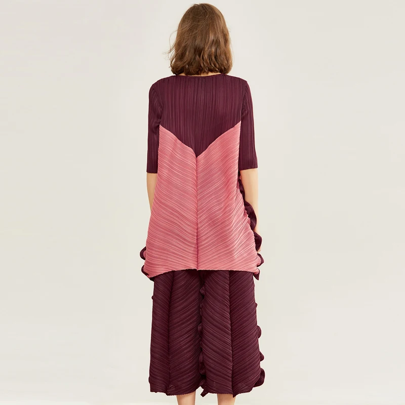 Latest Miyake fold dress spring summer broad leg pants wood ears clash color T-shirt casual loose big size girl suit TP5139