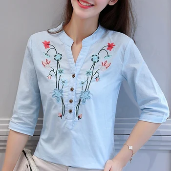 

JUAYKALA fashion 2019 V-Neck women blouse shirt Half sleeve floral embroidery white women's clothing OL blouse women tops blusas