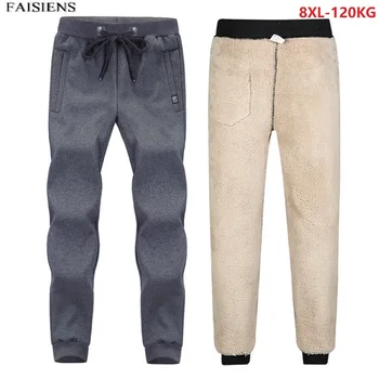 

6XL 7XL Winter Men Cotton Fleece Sweatpants Warm Zipper Pockets Large Size 8XL Out Door Pencil Pants Elastic Waist Sports Pants
