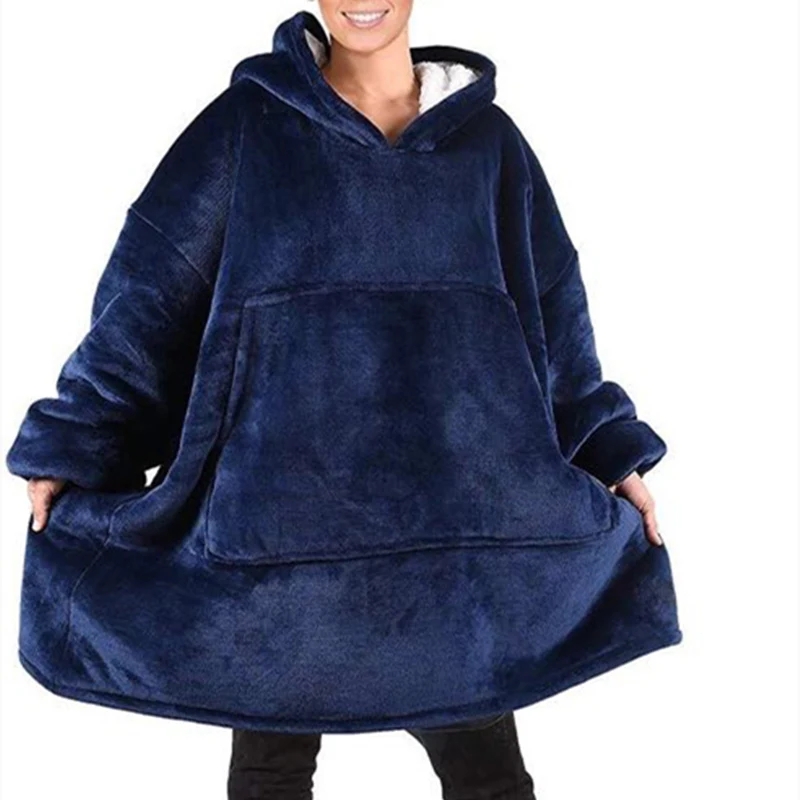 

New Oversize Blanket Hoodie Women Winter Fleece Warm Hooded Sweatshirt Adult Solid TV Blankets with Sleeves Outdoor Pocket Robe