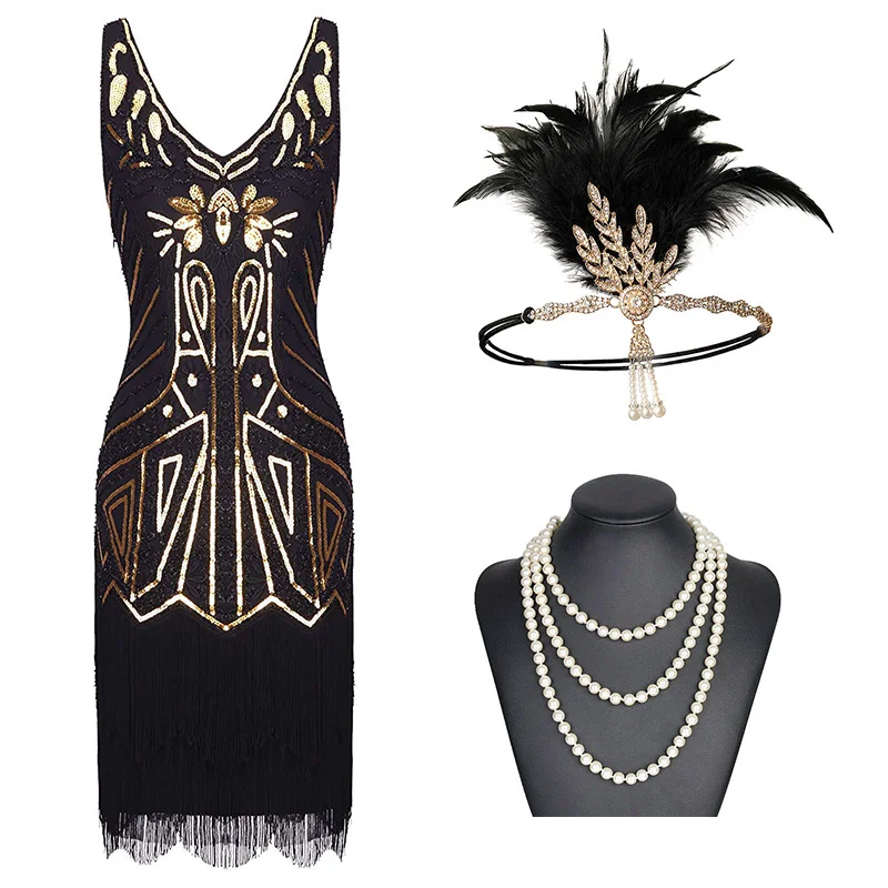 Black Gold Set (A) Женские Хлопушки платья 1920s бисером бахромой платье Грейт Гэтсби w/Набор аксессуаров xs-xxl - Цвет: Black Gold Set (A)