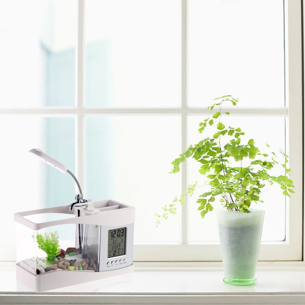

2018 Popular USB Desktop Mini Fish Tank Aquarium Glass LCD Timer Clock LED Lamp Light Black/White led aquarium fish tank