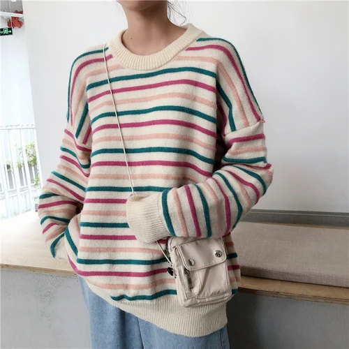 apricot pullover Woherb свитер Харадзюку женские радужные полосатые пуловеры джемперы с длинными рукавами винтажные корейские модные новые трикотажные уличные 90819 - Цвет: apricot pullover