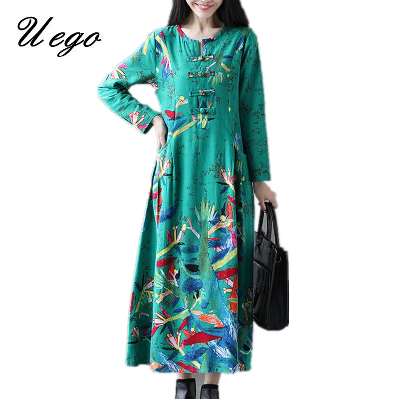 

Uego 2019 New Arrival Long Sleeve Autumn Dress Print Floral Buckle Cotton Linen Vintage Chinese Style Dress Women Casual Dress