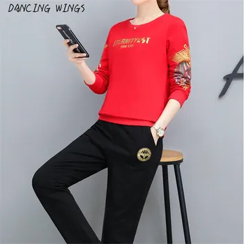 

Fashion Print Tracksuit For Women Casual O-Neck Sweatshirt + Black Long Pant 2 Piece Set Plus Size