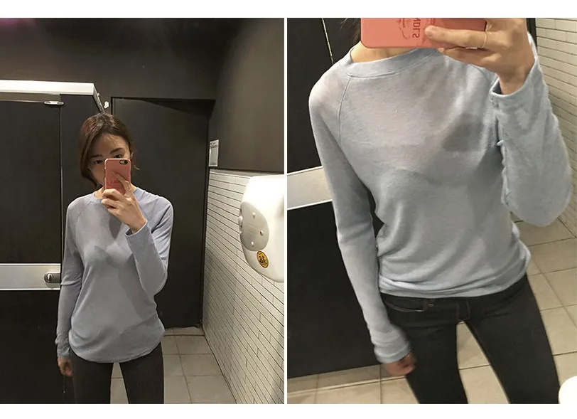 Heißer Verkauf 2023 Neue Frühling Sommer Grundlegende Tops Langarm Lose Dünne Sexy Blau T-shirt Frauen Mode Einfarbig Baumwolle t Femme – Detail 13