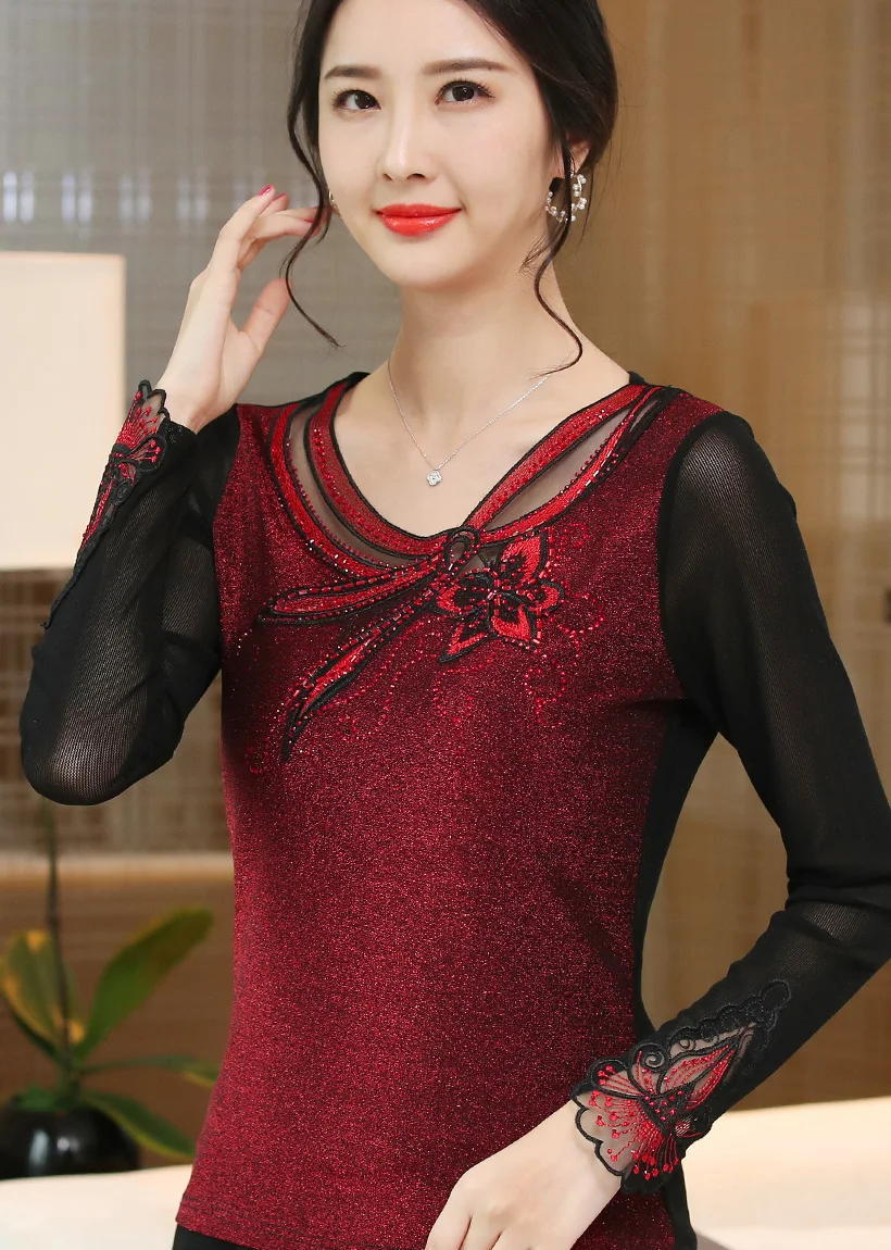 Blusas mujer de moda, осенне-зимняя блузка с длинными рукавами, Женские топы и рубашки, элегантная тонкая женская блузка с бриллиантами, большие размеры
