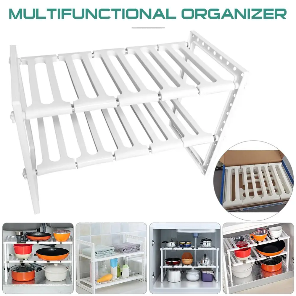 

Adjustable Kitchen Storage Rack Metal Cupboard Storage Shelf Non-Skid Spice Rack Under Sink Shelf Kitchenware Organizer