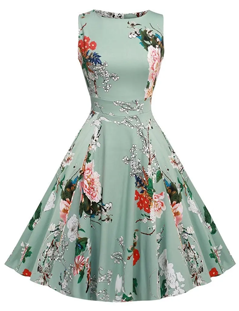 Kostlish Cotton Summer Dress Women 2017 Sleeveless Tunic 50s Vintage Dress Belt Elegant Print Rockabilly Party Dresses Sundress (44)