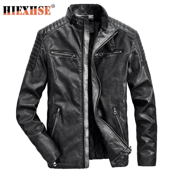 

HIEXHSE Mens Leather Jackets Motorcycle Stand Collar Zipper Pockets Male US Size PU Coats Biker Faux Leather Fashion Outerwear
