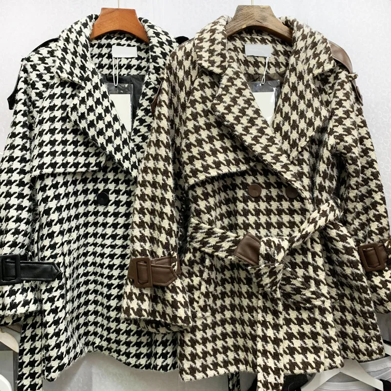 Винтажное клетчатое шерстяное пальто для женщин, осенне-зимние куртки, повседневная короткая ветровка в стиле ретро, корейское шерстяное пальто с узором "гусиная лапка" XA 392