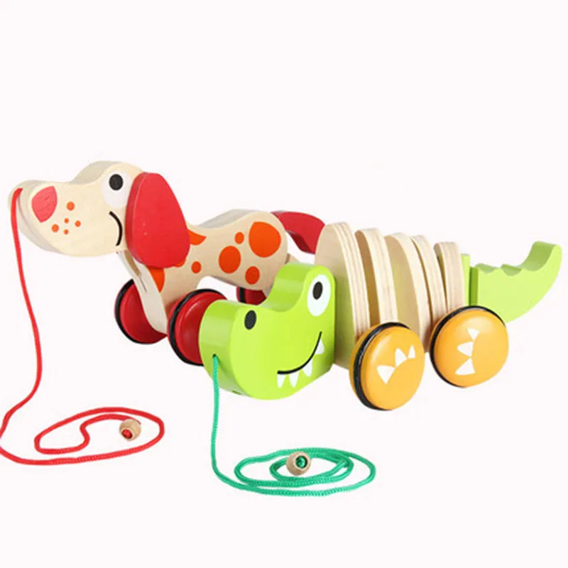 Baby Animal Wooden Toys Pull Red Dog Green Crocodile Tail Swing Education Creative Children Kids Toddler Learn to Walk |