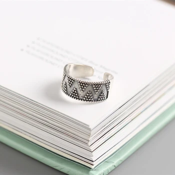 

Unique Polyline Groove Pitting Open Ring 100% 925 Sterling Silver Stacked Dots Triangle Ring Antique Silver Wide Face Women Ring