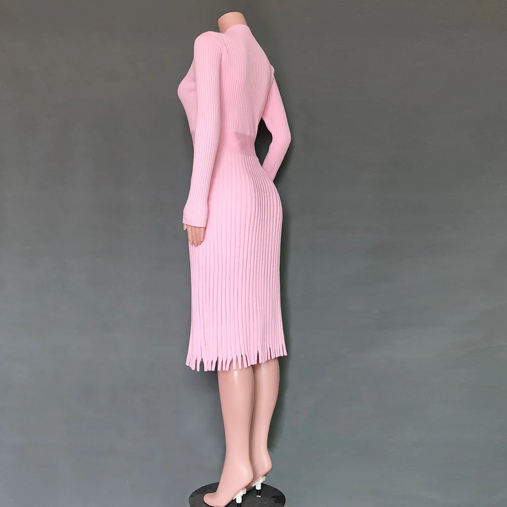 Бежевое трикотажное однотонное Плиссированное длинное платье для женщин с круглым вырезом и длинным рукавом элегантное облегающее платье женское осенне-зимнее сексуальное платье-свитер