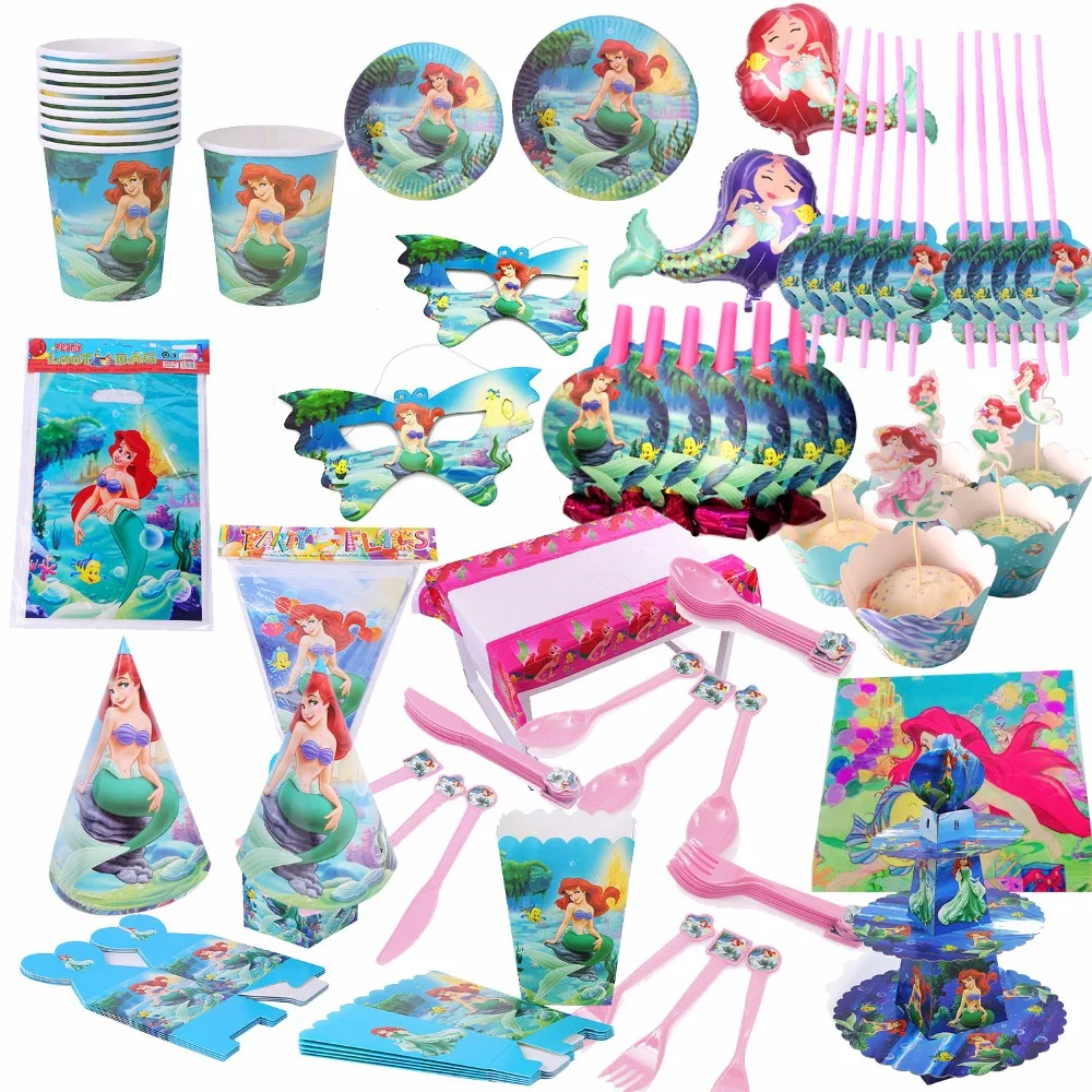 

Little Mermaid Ariel Party Birthday Decorations Girls Tableware Paper Hat Napkins Plate Table Cloth Happy Birthday Gift Balloon