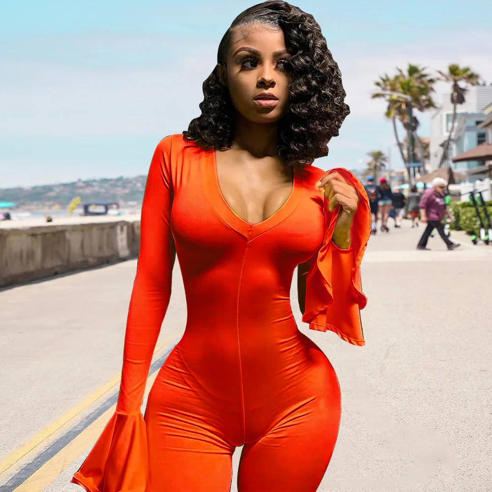 orange jumpsuit Adogirl, женский сексуальный однотонный комбинезон с расклешенными штанинами, глубокий v-образный вырез, длинный рукав-колокол, повседневный комбинезон, штаны, осень, Модный комбинезон - Цвет: orange jumpsuit