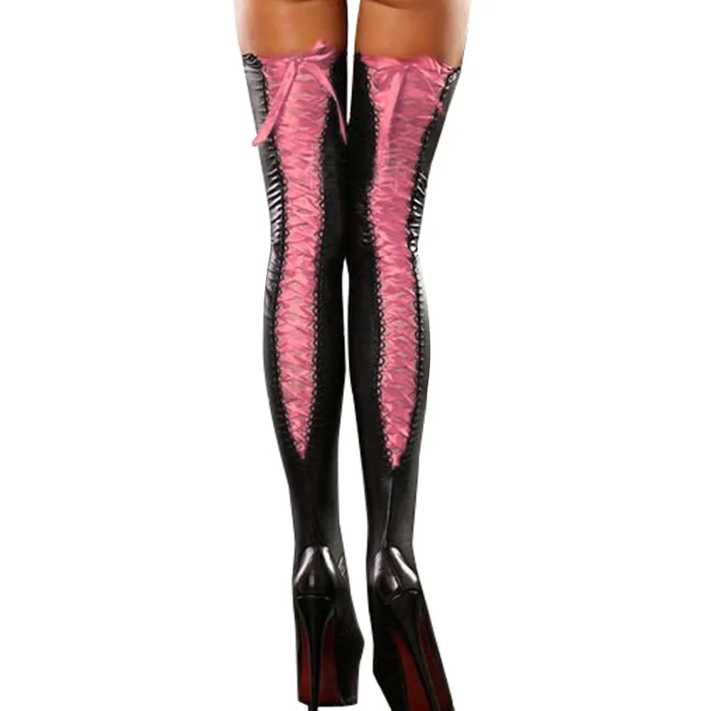 New women Socks Sexy Club Women Comfortable Thigh-high Stockings Leather Lace Bow Long Socks Женские хлопковые носки - Цвет: Pink