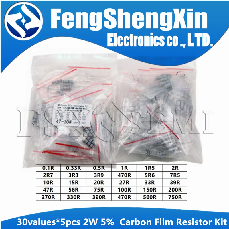 

30values*5pcs=150pcs 2W 5% Carbon Film Resistor Kit 0.1R-750R ohm