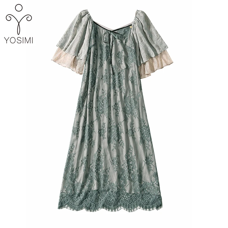 YOSIMI, женское платье,, летнее, элегантное, серое, кружевное, длинное платье, v-образный вырез, половина рукава, для девушек, платье для вечеринки, длина по щиколотку, рукав с оборками