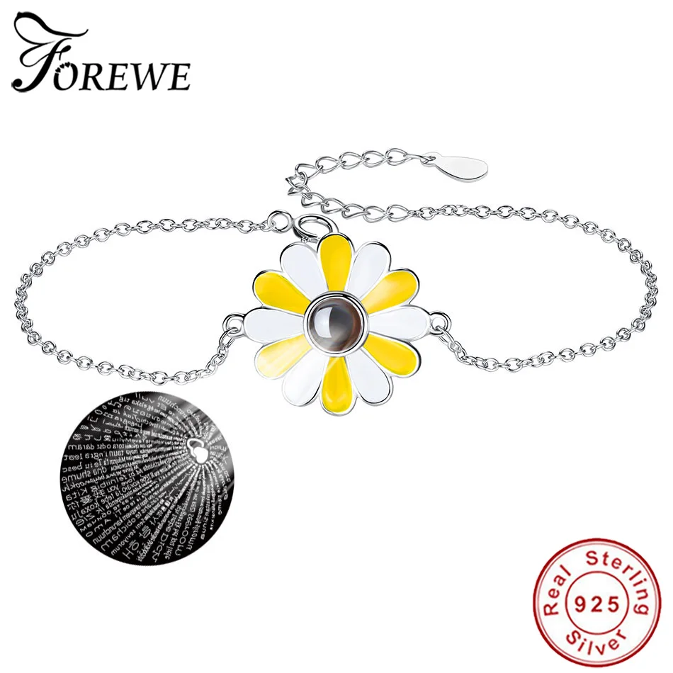 Романтический 100 Язык I Love You браслет 925 пробы серебро, эмаль, Маргаритка Подсолнух браслет-цепочка для Для женщин Свадебные украшения